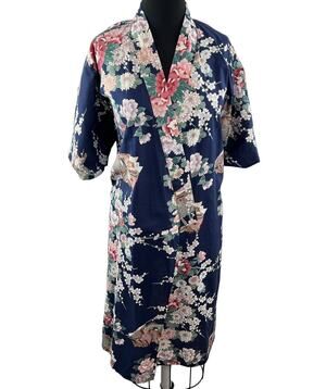 Oriental Bazaar Japan Made Blue Floral Cotton Kimono Robe Short Sleeve 40" OS